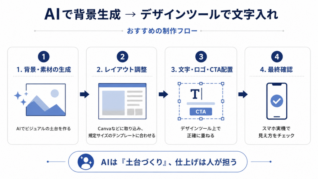 AIで背景・素材を生成し、デザインツールで文字を入れるSNS投稿の制作フロー4ステップの図解